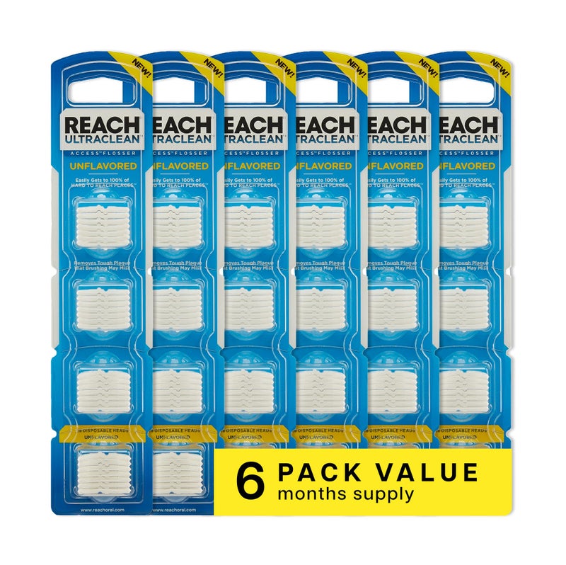 REACH Ultraclean Access Flosser Refill Heads Unflavored Plaque Remover for Teeth Shred Resistant for Hard to Reach Areas Oral Care PFAS Free for Adults Kids 6 Pack 28 Count - Image 1